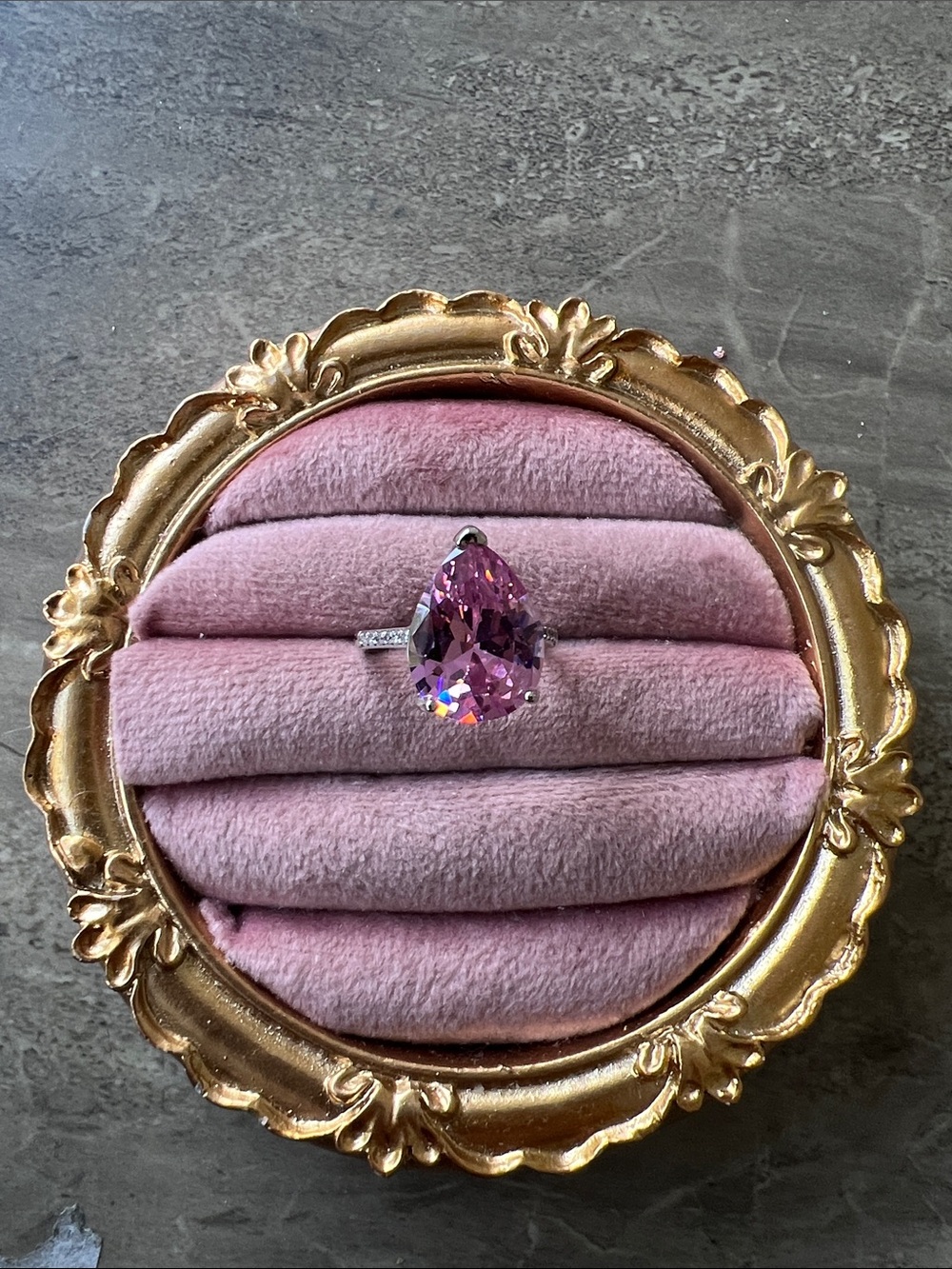 Elegant Pink Teardrop Crystal Ring size 7 as is but adjustable gem rhinestone